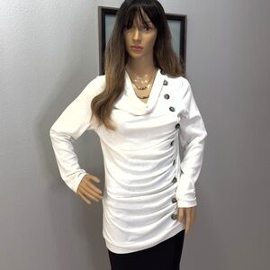 Cream Long Sleeve Pullover Top, Cowl Neck, with Buttons